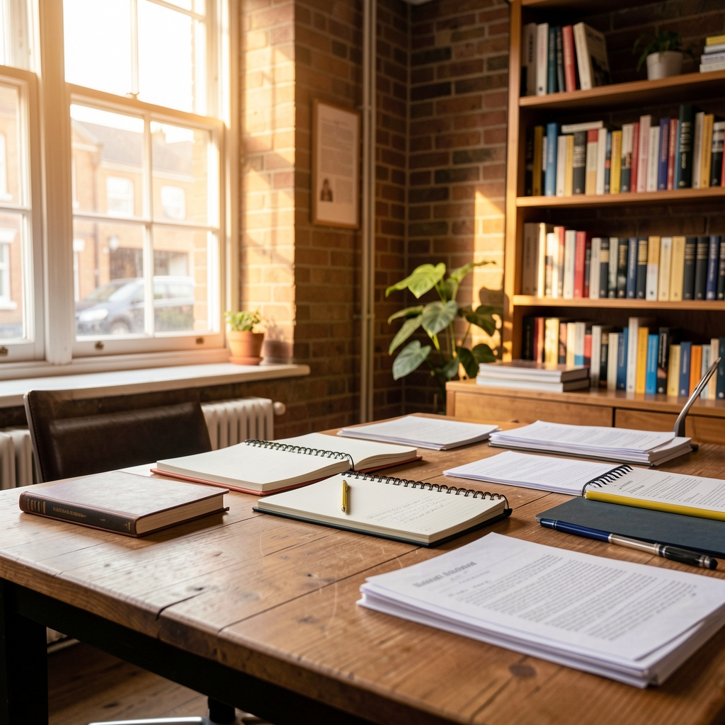 Eleanor Whitfield photographed at a writing desk with notebooks and papers, warm side lighting, Clerkenwell editorial office