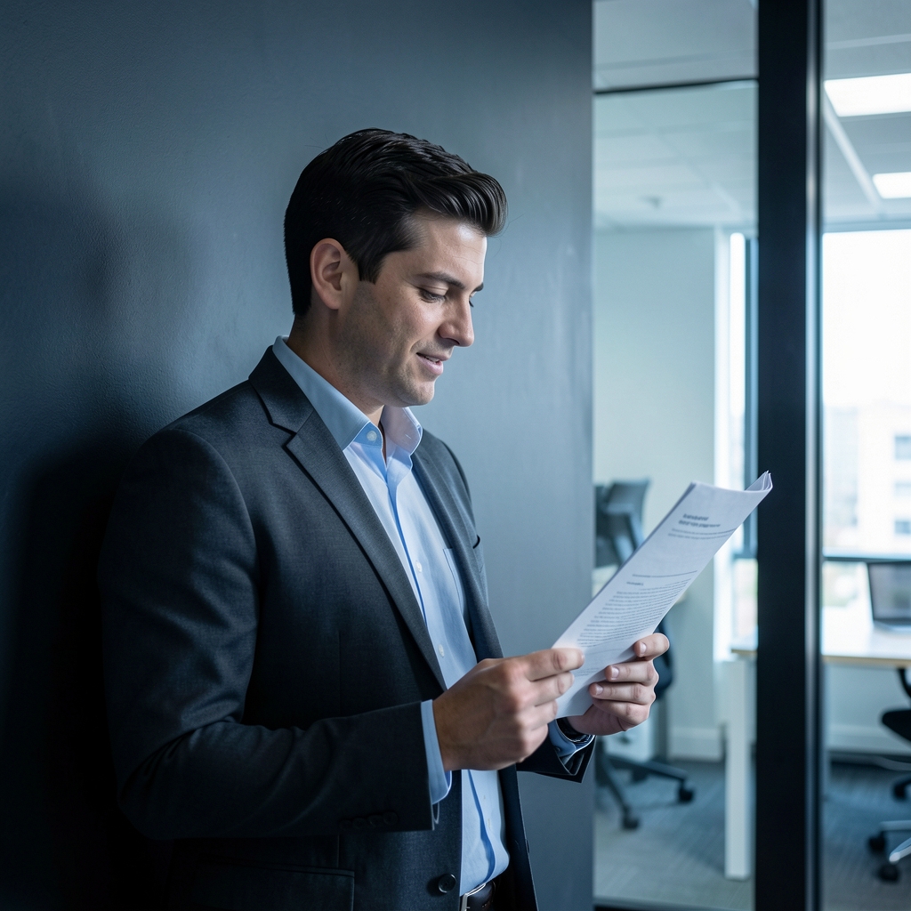 Tobias Marsden photographed against a dark wall in an office interior, reading a document, cool ambient lighting