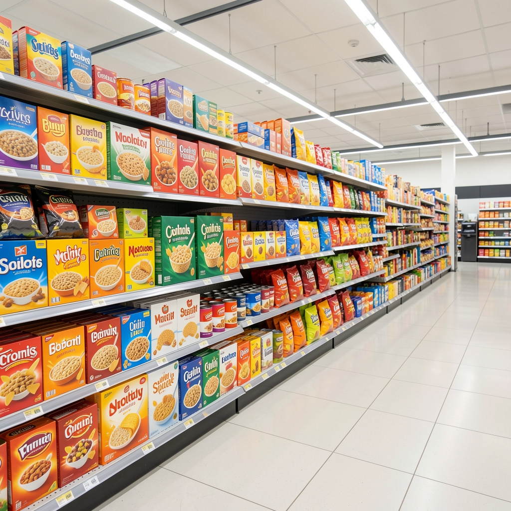 UK supermarket aisle showing rows of brightly packaged processed cereals, crisps, and convenience foods under bright retail lighting, seen from low angle