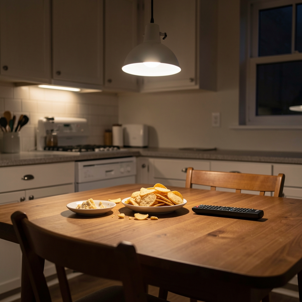 Kitchen table at night with single lamp illumination, half-eaten snacks and a remote control, quiet domestic atmosphere