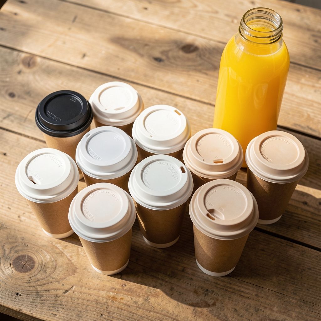Row of takeaway coffee cups and a juice bottle arranged on a wooden surface in natural daylight, viewed from above
